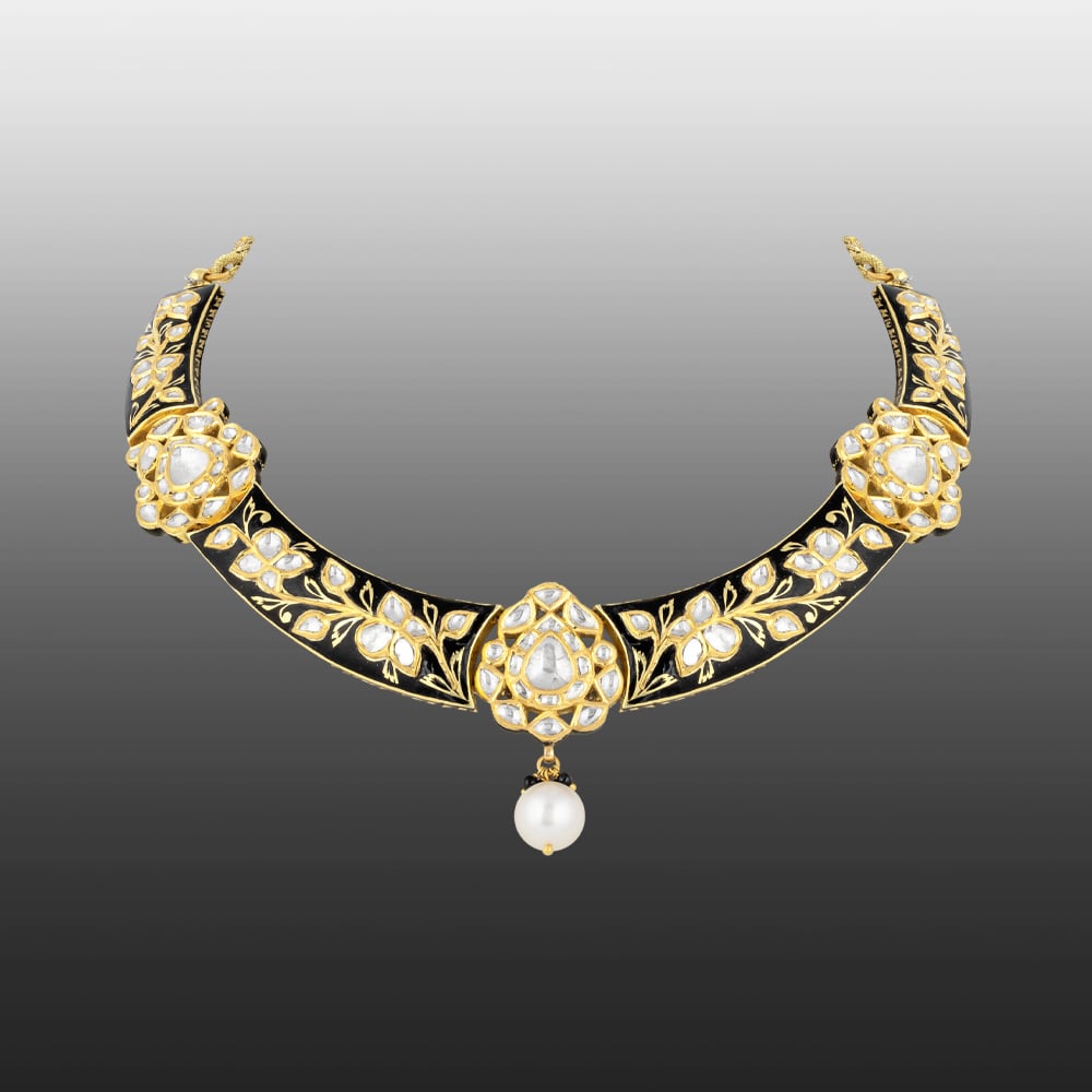 Black Enamel Hasli Necklace with Polki & Gold Floral Motifs